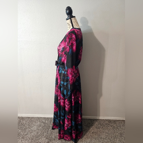 Alexa B Nites Dress Ladies Black Floral Maxi V-Neck Long Sleeve Size 8 - Picture 3 of 12